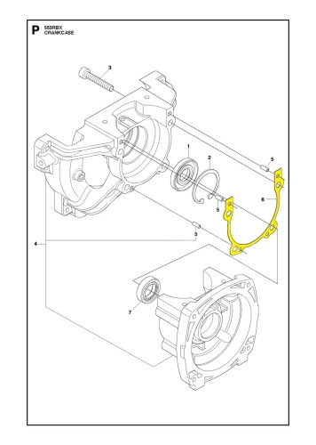 Uszczelka karteru wykaszarki Husqvarna 553RS/253R w kolorze żółtym, wykonana z elastycznego materiału. Zbliżenie na kształt i detale mocowania. Produkt leży na białym tle, co ułatwia jej identyfikację w kontekście wymiany lub naprawy.