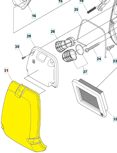 Pokrywa filtra do wykaszarki Husqvarna 545RX/545FX w jaskrawym żółtym kolorze, z prostokątnym kształtem i widocznym zamknięciem. Ujęcie z boku, pokazujące detal mocowania. Tło jednolite, co podkreśla produkt.