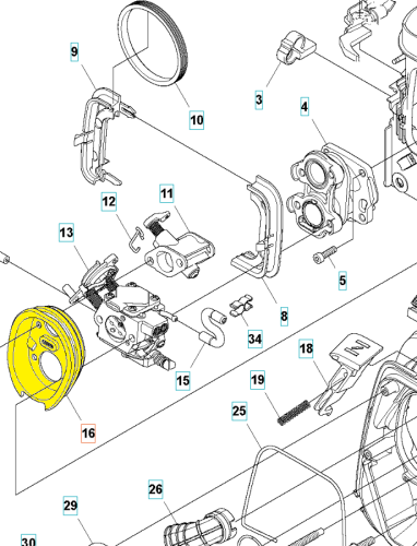 Uszczelka gaźnika wykaszarki 545RX/545FX Husqvarna w kolorze żółtym, wykonana z gumy. Leżąca, w zbliżeniu na detal, z uwidocznionymi otworami oraz gładką powierzchnią. Tło białe, co ułatwia dostrzeganie detali uszczelki.
