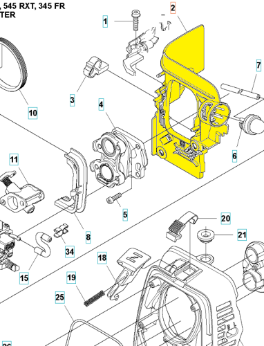 Żółta przegroda izolacyjna do wykaszarki Husqvarna 545RX/545FX z otworami mocującymi i wcięciami do montażu na białym tle, pokazująca detale konstrukcyjne z boku.