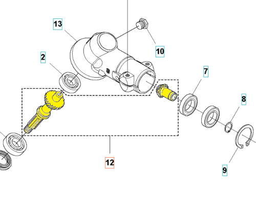 Zestaw naprawczy przekładni wykaszarki Husqvarna 545RX/545FR/343R: czarna obudowa z żółtym wałem, uszczelki i elementy montażowe na białym tle, widok z góry ukazujący detale.