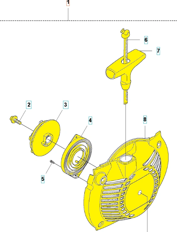 Rozrusznik wykaszarki Husqvarna 545RX/FX/FR, żółty, z osłoną, sprężyną i uchwytem, pokazany z różnych stron na jednolitym tle, z detalami mocowań i wzorów.