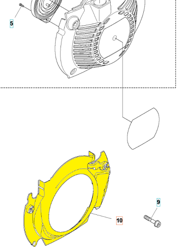 Żółta osłona wentylatora do wykaszarki Husqvarna 545RX/545FX/545FR, widoczna z przodu ze szczegółami mocowań i śrubą montażową na białym tle.