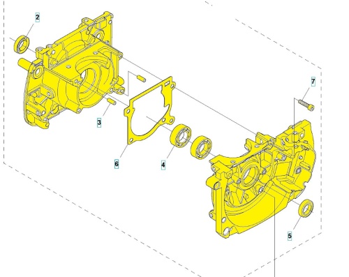 Skrzynia korbowa wykaszarki Husqvarna 545RX/545FX/545FR. Żółta obudowa z widocznymi detalami mocowania i otworami. Elementy umieszczone w pozycji otwartej, ukazujące wnętrze. Na tle białym, co podkreśla szczegóły konstrukcji.