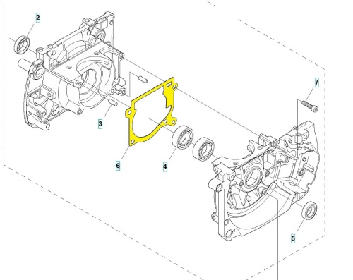 Żółta uszczelka skrzyni korbowej wykaszarki Husqvarna 545RX/545FX, prostokątna z wycięciami, na jasnym tle, z widoczną strukturą materiału zapewniającą szczelność połączeń.