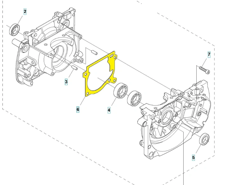 Żółta uszczelka skrzyni korbowej wykaszarki Husqvarna 545RX/545FX, prostokątna z wycięciami, na jasnym tle, z widoczną strukturą materiału zapewniającą szczelność połączeń.