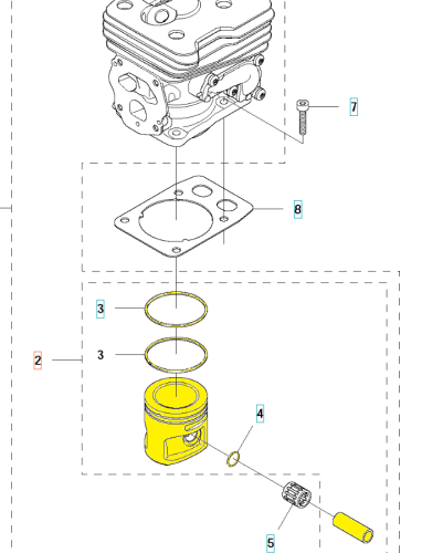 Tłok wykaszarki Husqvarna 545RX, 545FX, 545FR, w kolorze żółtym, o cylindrycznym kształcie z widocznymi gniazdami na pierścienie. Zbliżenie na detale łączeń. Element leżący na białym tle, z dodatkowymi akcesoriami przedstawionymi obok.