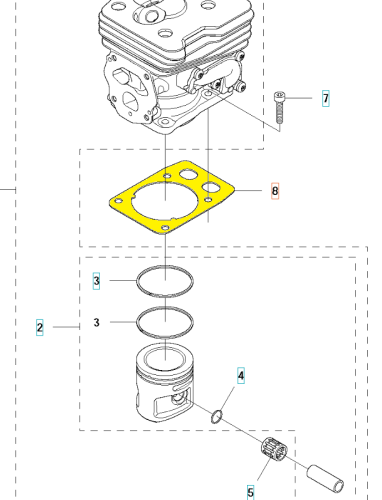 Uszczelka cylindra wykaszarki Husqvarna 545RX/545FX/545FR w kształcie prostokąta, w kolorze żółtym, z otworami na mocowanie. Widoczna z góry, leżąca na płaskiej powierzchni. Obok tłok oraz uszczelki. Produkt nowy, w stanie gotowym do użycia.