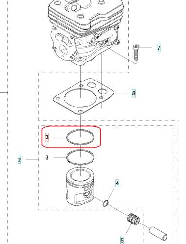 Czarny, okrągły pierścień tłoka do wykaszarki Husqvarna 545RX/545FX/545FR, pokazany na schemacie montażowym w poziomie, wskazuje miejsce montażu i pełni funkcję uszczelniającą w silniku.