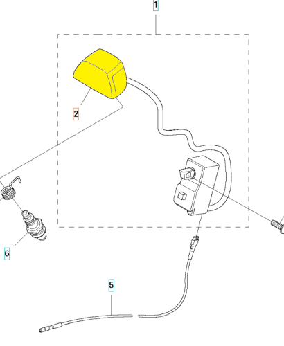 Fajka świecy do wykaszarki Husqvarna, w kolorze żółtym, z kablem łączącym. Widoczna z boku, zwrócona ku górze. W zestawie z innymi elementami, w tym wtyczką i przewodem. Tło proste, białe, które podkreśla szczegóły produktu.
