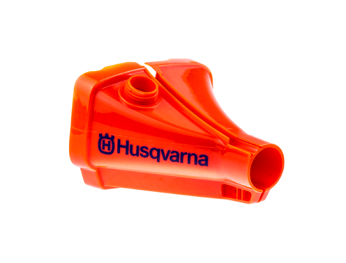 Pomarańczowy zbiornik paliwa do wykaszarek Husqvarna 545RX/345R/343R, z ergonomicznym kształtem, plastiku, boczny widok na otwór wlewu paliwa i logo.