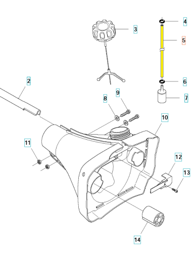 Przewód paliwa do wykaszarki Husqvarna 545RX/545FX/545FR, żółty, o długim cylindrycznym kształcie. Ujęcie frontalne, elementy montażowe widoczne, zamontowany w silniku. Tło białe, produkt w stanie nowym, przeznaczony do zasilania urządzenia.