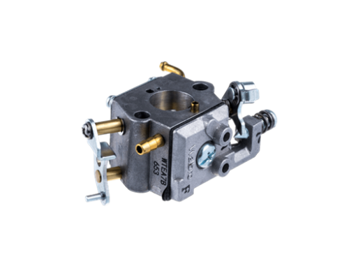 Gaźnik wykaszarki Husqvarna 543RS/243RJ w metalicznym kolorze, z widocznymi złotymi i srebrnymi rurkami, pokrętłem regulacyjnym, uszczelnieniami i otworami montażowymi. Nowy, gotowy do instalacji.