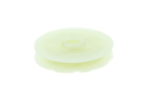 Koło linowe wykaszarki Husqvarna 543RS/243R w kolorze jasnego plastiku, o okrągłym kształcie i gładkiej powierzchni. Produkt leży na jednolitym tle, widoczny z boku. W centralnej części znajduje się otwór montażowy.