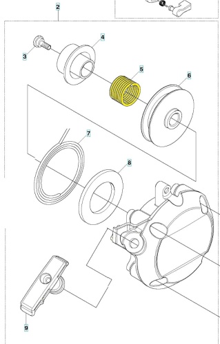Żółta sprężyna pomocnicza do wykaszarki Husqvarna 543RS/243R, okrągła, widoczna na schemacie i zbliżeniu, umieszczona wśród innych części montażowych na białym tle.