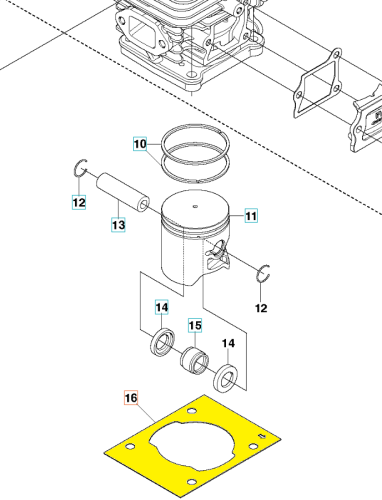 Uszczelka cylindra do wykaszarki Husqvarna 543RS/243R z czarnego elastomeru, okrągła z otworem w centrum. Produkt na kolorowym tle z numerami katalogowymi i elementami montażowymi.