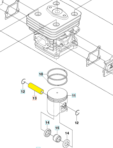 Sworzeń tłoka wykaszarki 543RS/243R Husqvarna, żółty, cylindryczny element z otworami, montowany w silniku. Widoczny w ujęciu z boku, obok tłoka i pierścienia uszczelniającego. Tło białe, co podkreśla detale. W zestawie kilka innych części.