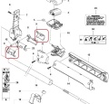 Czarny amortyzator kosy Husqvarna 525RX z metalową obudową i oznaczeniami, poziomo, widok frontalny. Widać uchwyty mocujące i smukłą konstrukcję na białym tle.