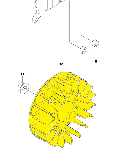 Koło zamachowe wykaszarki Husqvarna 543RS/243R, żółte, okrągłe z teksturowaną powierzchnią, otworami mocującymi i detalami na krawędziach, widoczne z boku.