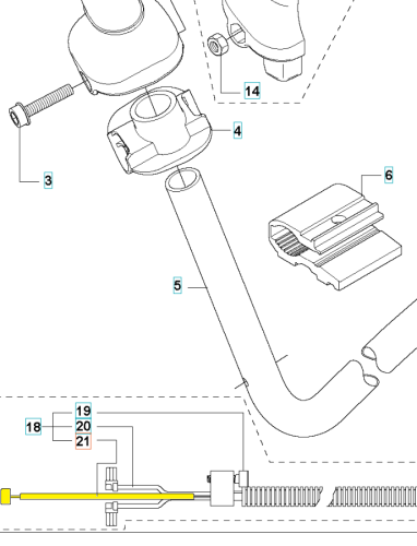 Linka gazu wykaszarki Husqvarna, materiał metalowy, jasnożółty kabel osłonięty tworzywem. Widoczny element mocujący (z lewej) oraz złącza. Ujęcie z boku, ukazuje szczegóły łączenia z mechanizmem. Produkt leży na białym tle.
