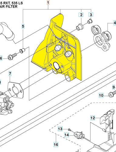 Izolacyjna przegroda do wykaszarek Husqvarna 333R/335RX/535RX w kolorze żółtym, wykonana z tworzywa sztucznego. Widoczna z przodu, ukazuje dwa otwory. Elementy mocujące w postaci śrub i gwintów są rozplanowane na dystansie. Tło w jasnym odcieniu.