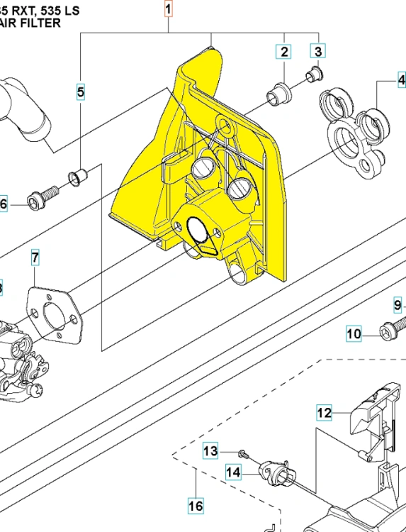Izolacyjna przegroda do wykaszarek Husqvarna 333R/335RX/535RX w kolorze żółtym, wykonana z tworzywa sztucznego. Widoczna z przodu, ukazuje dwa otwory. Elementy mocujące w postaci śrub i gwintów są rozplanowane na dystansie. Tło w jasnym odcieniu.