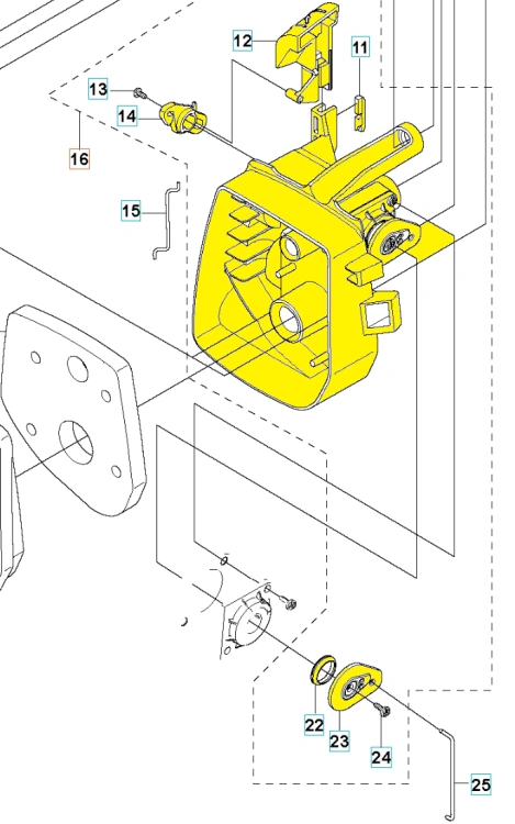 Podstawa filtra do wykaszarki Husqvarna 333R/335RX/535RX, żółta, wykonana z tworzywa sztucznego, z widocznymi mocowaniami, otworami montażowymi i detalami konstrukcyjnymi. Produkt w pozycji leżącej, z wyraźnie zaznaczonymi elementami komponentów.