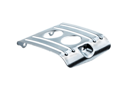 Metalowa płytka ochronna Husqvarna 333R/335RX/535RX, błyszcząca, z dwoma otworami i rowkami, widok poziomy z góry. Przeznaczona do narzędzi ogrodowych.