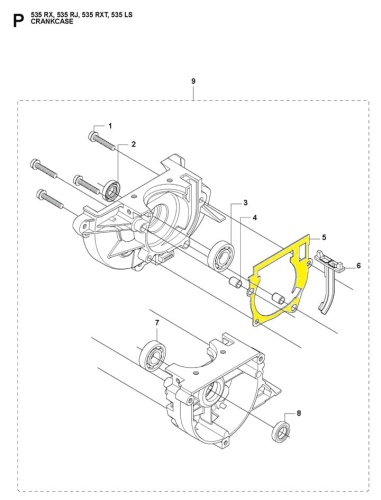 Uszczelka karteru do wykaszarek Husqvarna 333R/335RX/535RX, żółta, precyzyjnie dopasowana, płaska, nowa, z opisem montażu, widoczna na części silnika.