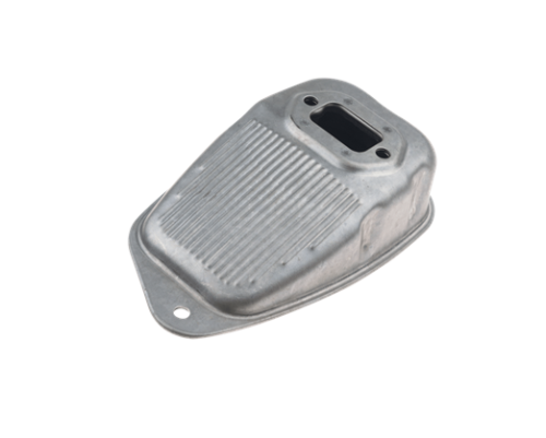 Tłumik wykaszarki Husqvarna 333R/335RX/535RX w kolorze metalicznym, o ergonomicznym kształcie, widocznych rowkach na powierzchni i otworze montażowym. Produkt leży na białym tle, co podkreśla jego detale i teksturę.