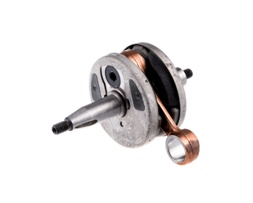 Wał korbowy wykaszarki Husqvarna 333R/335RX/535RX, metalowy, okrągły, z mosiężnym łącznikiem, widok z boku w zbliżeniu. Widoczne otwory mocujące oraz elementy mechaniczne, prezentujący stan nowy, na jednolitym tle.