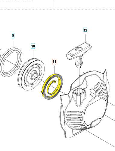 Żółta sprężyna rozrusznika Husqvarna 525RX/525RX Mark II w obudowie silnika. Metalowa, wysokiej jakości. Widoczne obudowa i dwa krążki na białym tle.