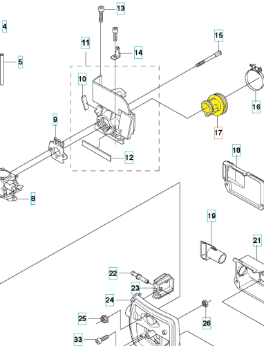 Kolektor wykaszarki Husqvarna 343R/345R/345RX w układzie schematycznym. Widać elementy takie jak: przewody, śruby, karbowany łącznik i obudowy. Szczegółowe oznaczenia na części, wyraźne kontury. Tło białe, ułatwiające odczyt szczegółów.