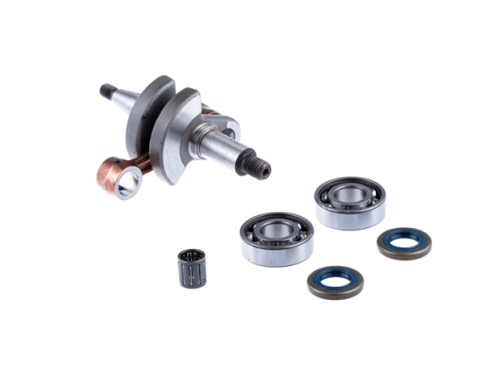 Wał korbowy wykaszarki Husqvarna 343R/345RX/345FX, metalowy z łożyskami i simeringami, widok z góry na białym tle. Nowy, z detalami mocowania i fakturą, gotowy do montażu.