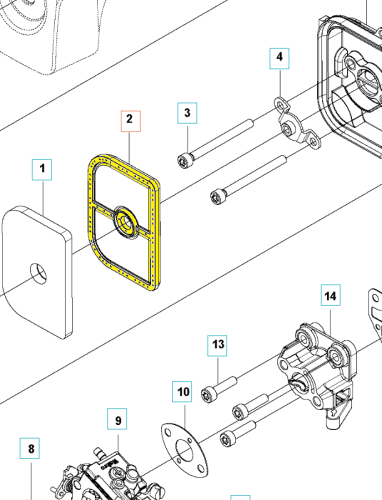 Filtr powietrza do wykaszarki Husqvarna 525RS i podkaszarki 525L. Przedstawiony z boku, w prostokątnej obudowie, posiada żółtą uszczelkę. Widoczne elementy mocujące oraz otwory do wentylacji. Tło białe, co podkreśla jego kształt i detale.