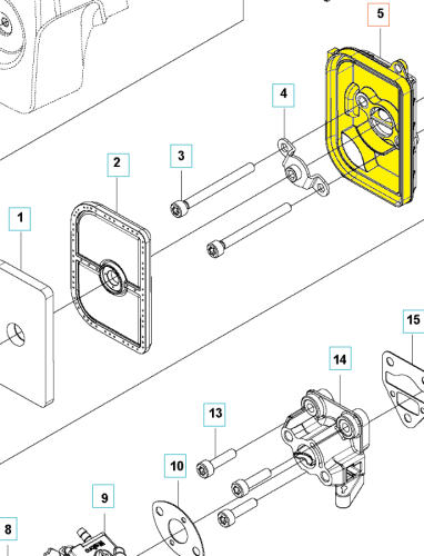 Obudowa filtra do wykaszarki 525RS/podkaszarki 525L Husqvarna w kształcie prostokąta, wykonana z odpornego plastiku. Kolor żółty, zamontowana z boku. Element ma otwór centralny i widoczne umiejscowienie mocowania. Produkt ukazany na białym tle.