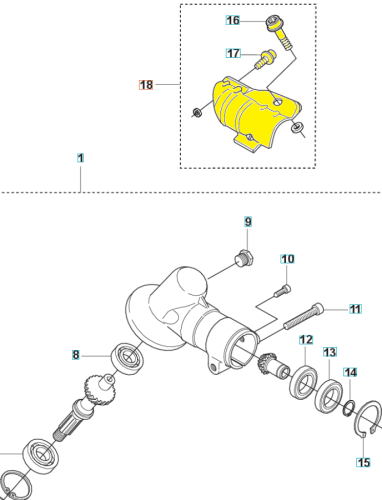 Wspornik wykaszarki Husqvarna 525RX, w kolorze żółtym, z metalowym mocowaniem i wbudowanym elementem, widoczny w zestawieniu z innymi komponentami. Fragment produktu w ścisłym zbliżeniu, na jednolitym tle, pokazuje szczegóły konstrukcyjne.