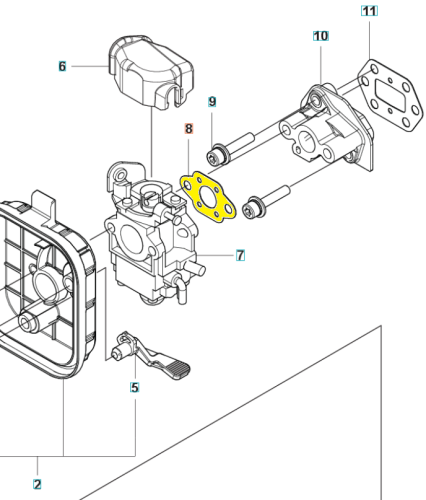 Żółta uszczelka gaźnika do wykaszarki Husqvarna na białym tle, pokazana wraz z elementami i mocowaniami gaźnika. Brak danych o wymiarach i charakterystyce technicznej.
