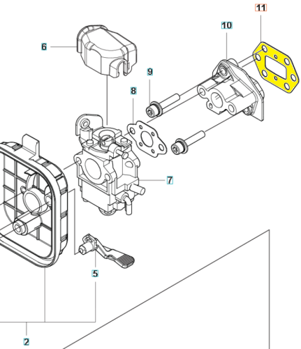 Uszczelka wykaszarki Husqvarna, żółta, o kształcie prostokątnym z wycięciami, na białym tle. Widoczny detal montażowy oraz otwory na mocowania. Umieszczona w pozycji leżącej, w zbliżeniu, ukazując precyzyjne detale konstrukcji.