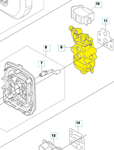 Żółty gaźnik do wykaszarki Husqvarna 233R/533RS z mocowaniem, przepustnicą i otworami na przewody. Widok boczny na białym tle, układ zamontowany, widoczne detale.