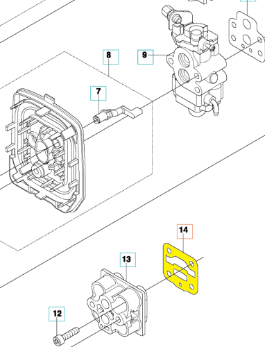 Uszczelka gaźnika do wykaszarki Husqvarna 233R/533RS. W kolorze żółtym, prostokątna, z dwoma otworami. Widoczna z boku, leżąca na gładkim, jednolitym tle. Część zamontowana na gaźniku w układzie z innymi elementami.