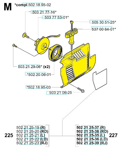 Alternatywny tekst: Rozrusznik wykaszarki Husqvarna 225R/235R/232L w żółtym kolorze; widok z przodu, ukazujący strukturę i detale montażu, z wyraźnymi oznaczeniami elementów oraz częściami składowymi. W tle proste, białe.