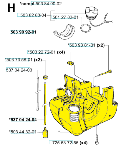 Zbiornik paliwa do wykaszarek 225R/235R i podkaszarek 232L Husqvarna. Element w kolorze żółtym z wyraźnymi detalami, z widocznych mocowaniami i otworami. Ujęcie z boku ukazujące wnętrze i sposób instalacji. Produkt nowy, gotowy do montażu.
