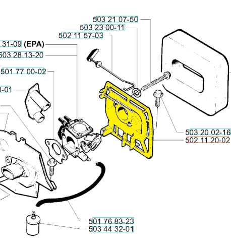 Podstawa filtra wykaszarki 240R/245R Husqvarna w kolorze żółtym, z widocznym otworem do montażu. Ujęcie z boku, ujawniające elementy mocujące. Na zdjęciu logo producenta oraz detale techniczne, takie jak przewody i komponenty silnika.