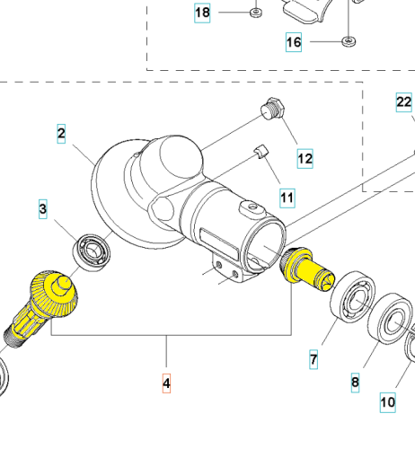 Zestaw kół przekładni wykaszarki Husqvarna 333R/335RX/535RX. Żółta metalowa przekładnia z wyraźnymi detalami, obok czarna obudowa. Elementy ułożone na białym tle, widoczne otwory i mocowania, podkreślające funkcjonalność zestawu.