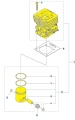 Cylinder do wykaszarek Husqvarna 333R/335RX/535RX w kolorze żółtym. Widok frontalny na cylinder z przylegającą uszczelką i elementami, w tym tłokiem oraz pierścieniami. elementy rozłożone na białym tle.