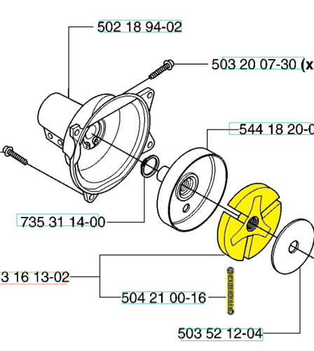 Sprzęgło wykaszarki Husqvarna 232R/235R widoczne z boku, rozłożone, z metalową obudową, żółtym centralnym elementem i sprężyną. Oznaczenia części są czytelne, na neutralnym tle podkreślającym detale.