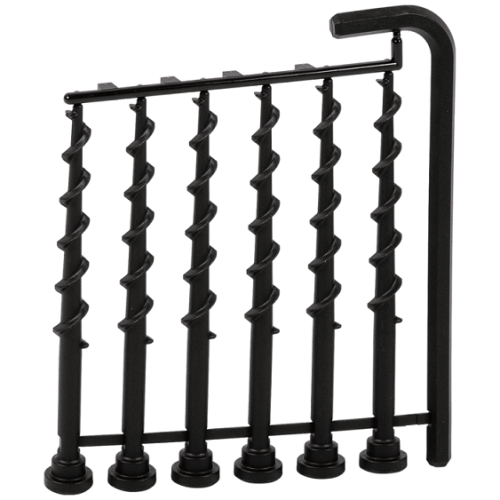 Zestaw 8 czarnych śrub stacji ładującej 310 Mark II/440 do Automower Husqvarna, umieszczony pionowo. Widoczne spiralne wkręty z gładką główką oraz klucz imbusowy. Elementy metalowe z matowym wykończeniem, zgrupowane na prostym tle.