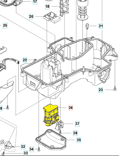Zespół części baterii do robotów koszących Husqvarna 105/305 na białym tle. Żółte elementy to mocowanie i obudowa, uwzględniono śruby i łączenia dla pełnej widoczności detali.