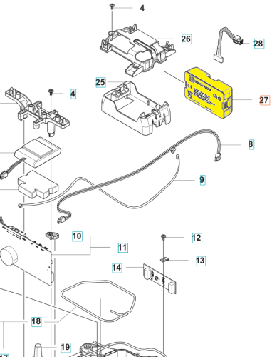 Żółty akumulator do Husqvarna Automower 305/310/315, pokazany z przodu z podłączeniami, oznaczeniami elektrycznymi, fragmentem osłony i kablem na jasnym tle.